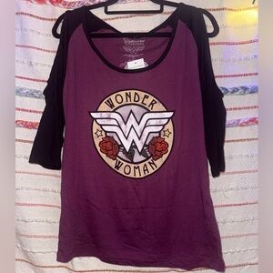 DC Comics Wonder Woman Burgundy and Black Cold Shoulder Long Sleeve Top